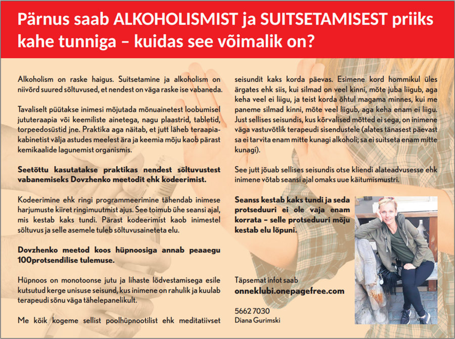 Pärnus saab ALKOHOLISMIST ja SUITSETAMISEST priiks kahe tunniga – kuidas see võimalik on?
